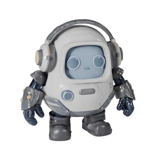 Turntable render of a chunky vinyl robot figure wearing oversized headphones