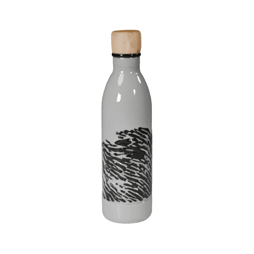 Turntable render of a brushed steel water bottle with a bamboo lid